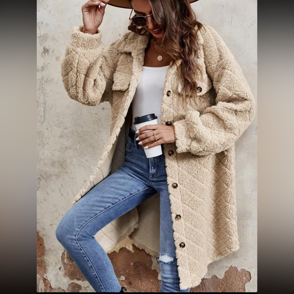 New Flap Detail Drop Shoulder Teddy Coat Shacket Button Down Long Sleeve Warm - Picture 2 of 16